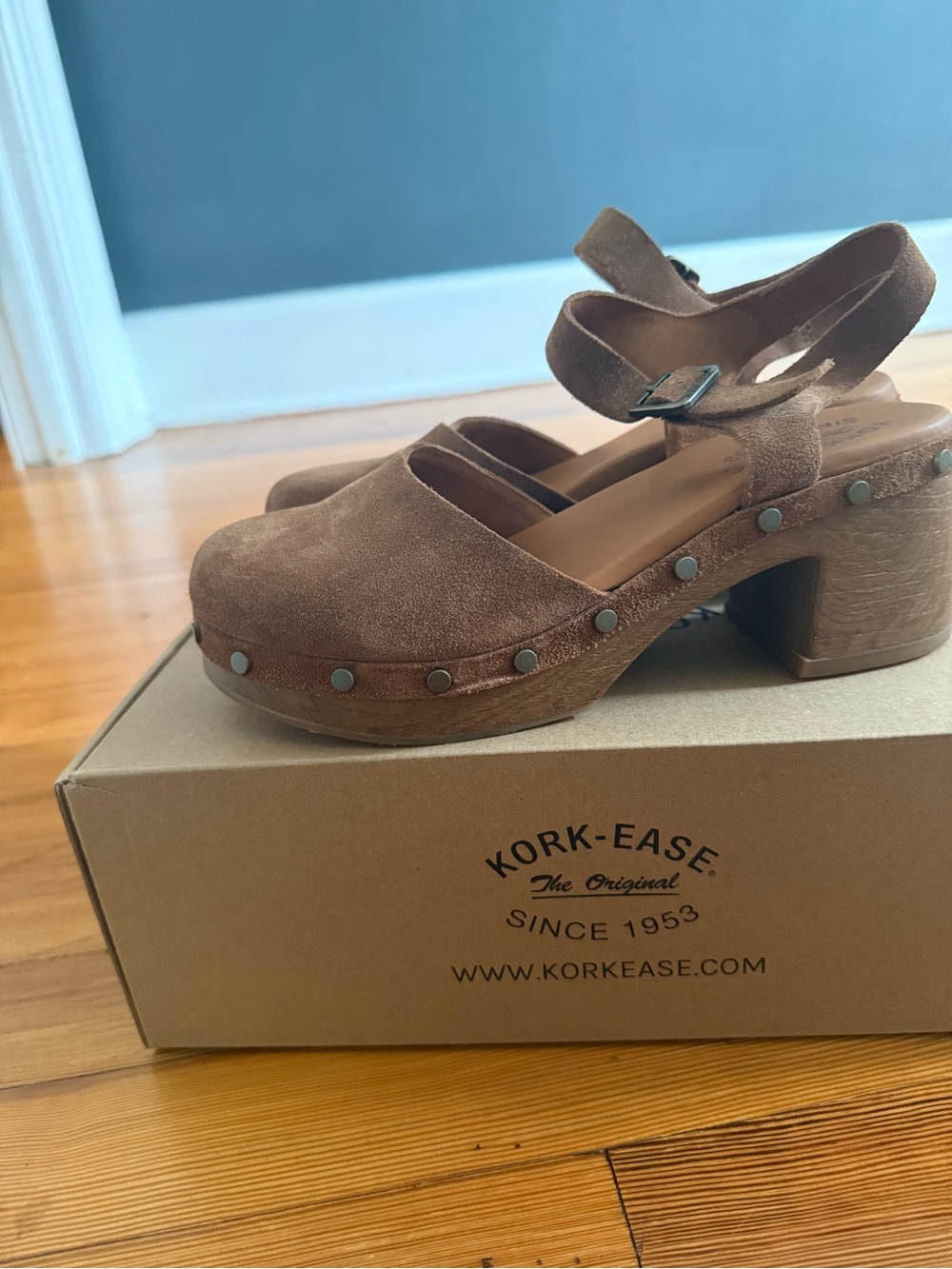 Kork-Ease Brown Suede Clog Sandals with Studded Trim - Picture 5 of 8